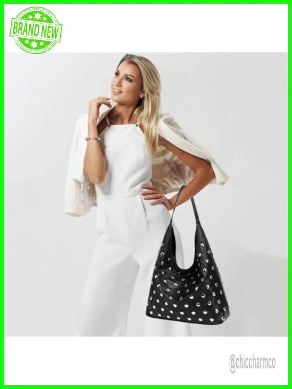 Studded Hobo Bag Vegan Leather Tote Purse Slouchy Shoulder Bag